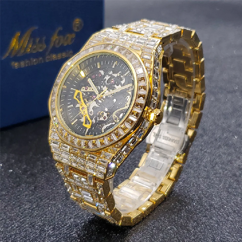 

Men Mechanical Watch Gold Full Baguette Original Automatic Men's Skeleton Watches Diamond Luminous Luxury Waterproof Hand Clock