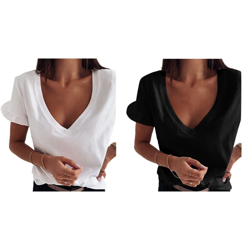 

2X Women's Summer Simple Solid Color V-Neck Ruffle Short Sleeve Top L White/Black
