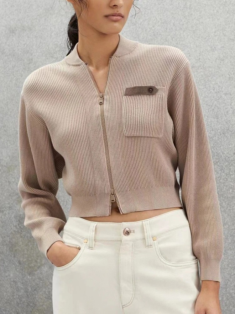 

B*C Autumn Women Zippers Jacket Cashmere English Rib Knitwear Cardigan Top‘s Winter Shiny Luxury Woman Coat Vintage Clothing