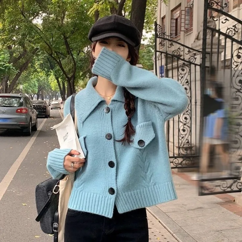 

DAYIFUN 2023 Autumn Sweaters Coats Lady New Solid Lapel Loose Knitted Cardigans Korean Button Design Academy Style Jumpers Tops
