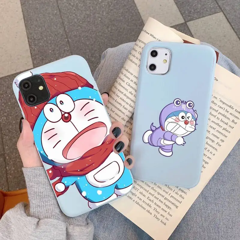 

Anime Doraemon Phone Case for iPhone 11 12 13 Mini Pro Xs Max 8 7 6 6S Plus X XR Solid Candy Color Case