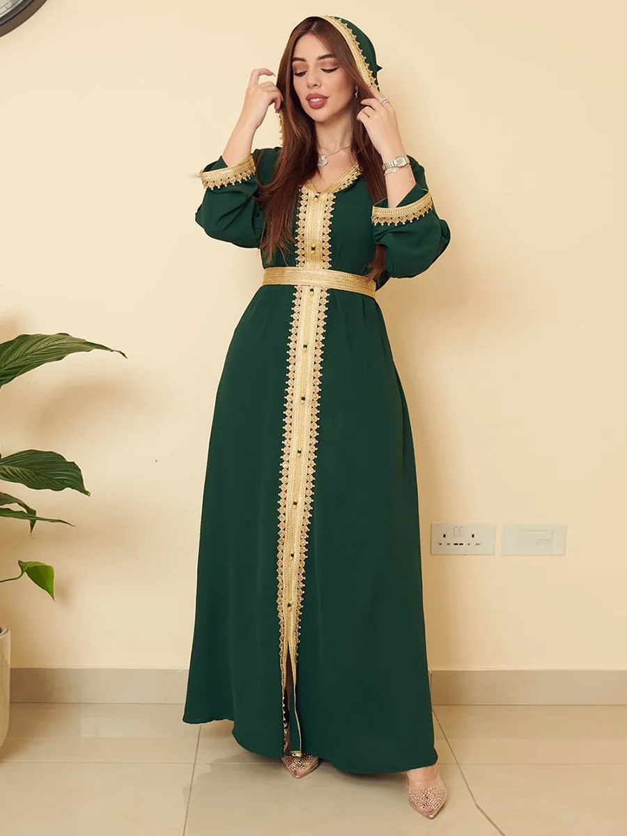 Зеленый мусульманский абайя Eid Mubarak, женское платье с капюшоном и лентами, Дубай, зеленый Дубай, Арабская мода, мусульманская одежда, кардига...