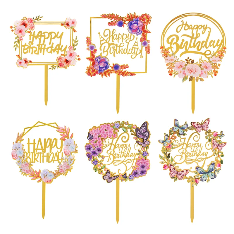 

Gold Acrylic Happy Birthday Cake Topper Colored Flowers Cake Topper Baby Shower Kids Birthday Party Cake Falg Dessert Decoration