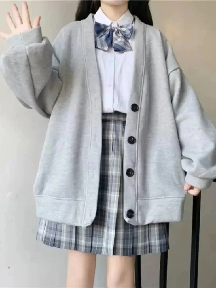 

Серый кардиган в стиле преппи, толстовки, женские милые свободные свитшоты в стиле Харадзюку, черные универсальные Топы в японском стиле