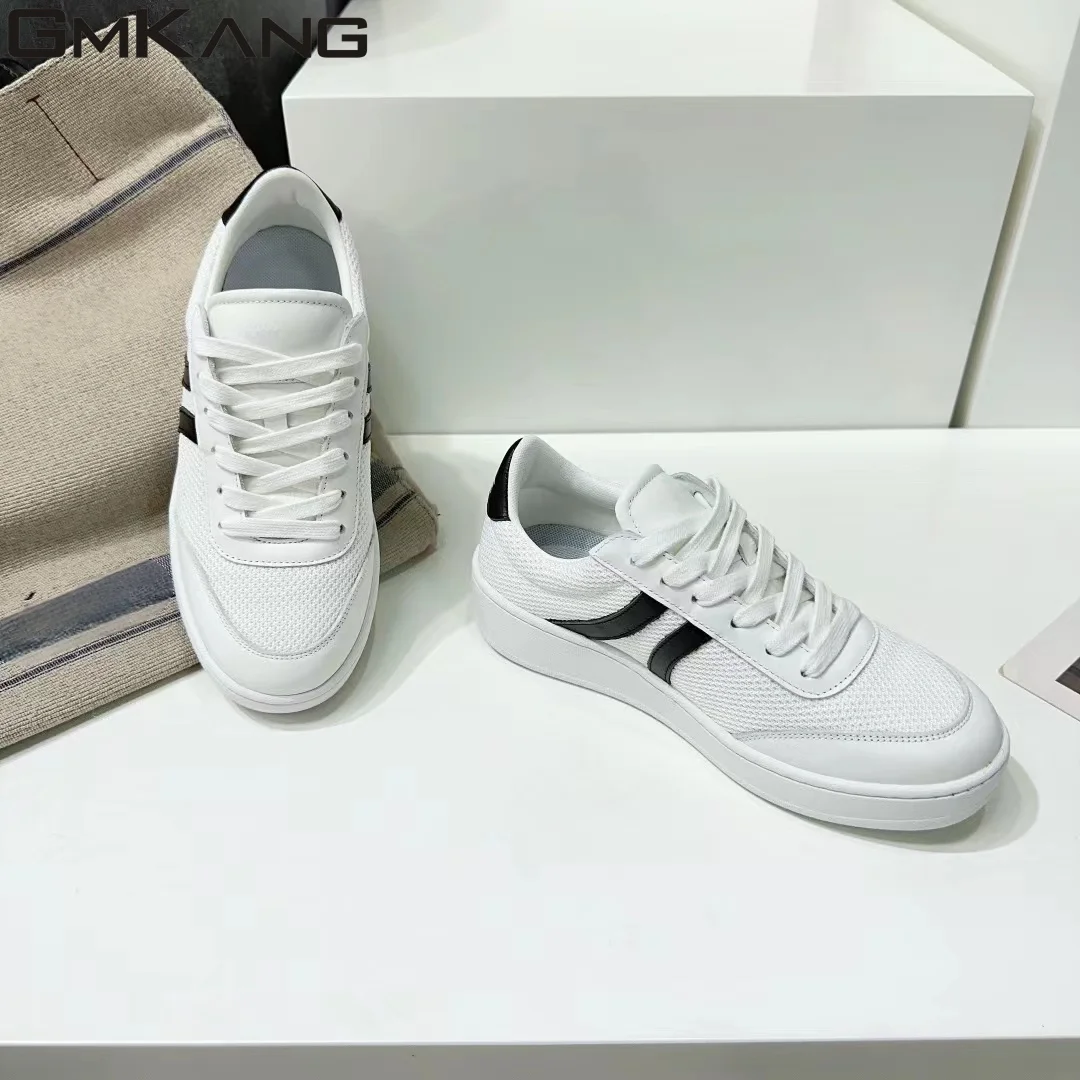 Thick soled casual shoes for women, genuine leather lace up small white shoes for women, round toe casual flat bottomed sports s