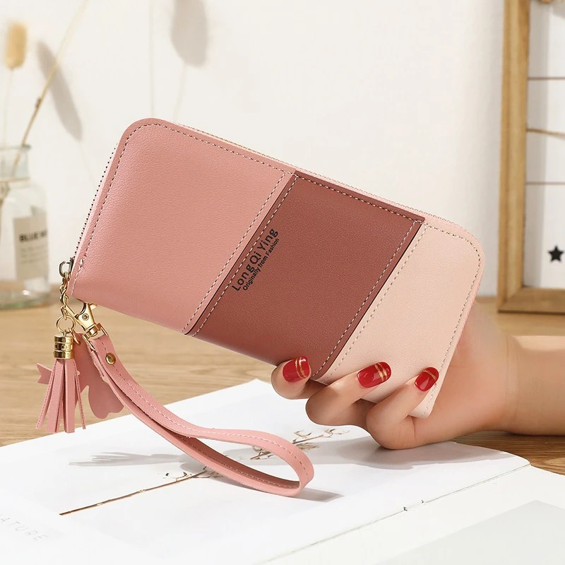 

Long Patchwork Women Wallets Letter Tri-color Hit Color Female Tassel Wristband Zipper Coin Purses Card Holder Clutch Phone Bag