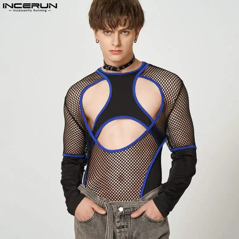 

Men T Shirt Mesh Patchwork See Through O-neck Long Sleeve Streetwear Hollow Out Tee Tops Sexy 2022 Fitness Men Clothing INCERUN