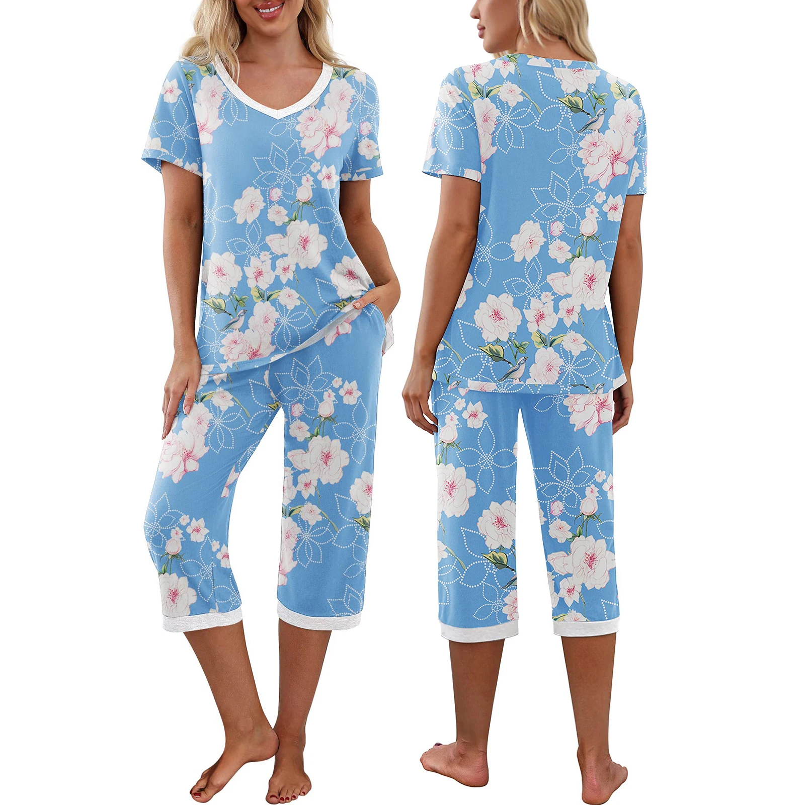 8 Colors Women's Casual Pajama Set Short Sleeve V Neck T-shirt and Capri Pants Sleepwear Floral/Leopard Lounge Suits