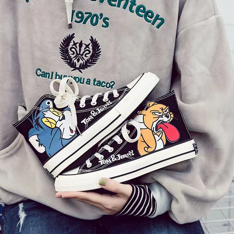 Canvas Shoes Female Male Students Korean Version of Fashion Graffiti Cat and Mouse High-top Comfortable Sneakers