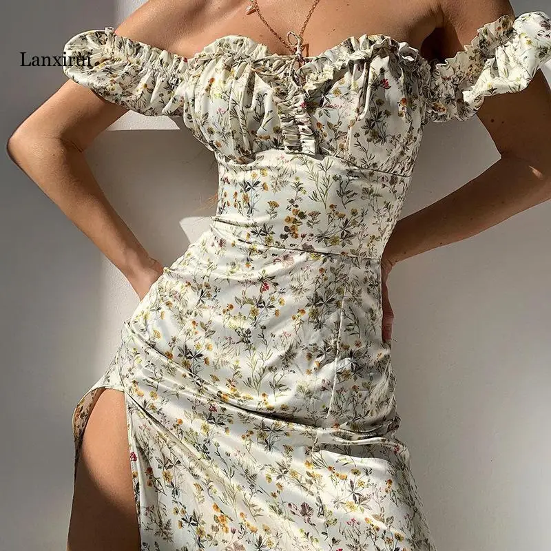 

Сексуальные вечерние платья, летнее женское платье с разрезом сбоку, Цветочное платье с открытыми плечами и буффами на рукавах, женское пла...