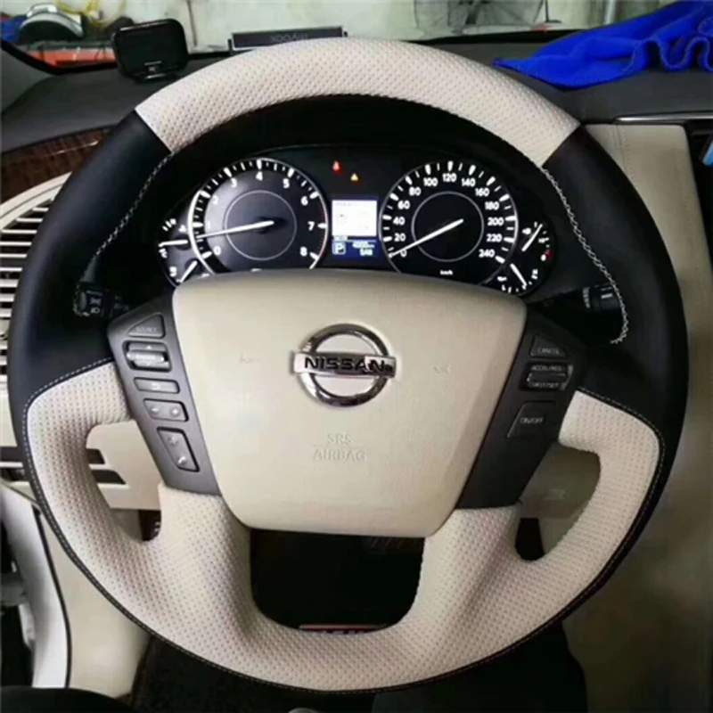 

DIY hand-stitched peach wood grain carbon fiber suede leather car steering wheel cover for Nissan Patrol Y62 Patrol Accessories