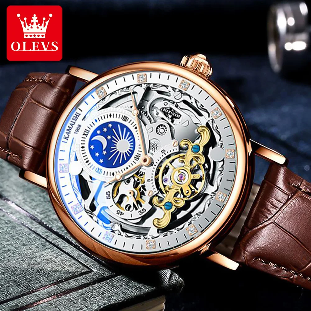 

OLEVS Luxury Automatic Skeleton Mechanical Watches Men Fashion Moon Phase Tourbillon Watch Leather Sport Clock Relojes Hombre