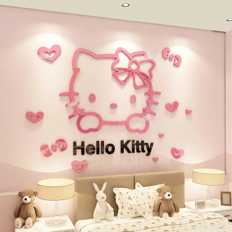 DIY Cartoon Anime Sanrio Hello Kitty Wall Sticker Kawaii Mirror Acrylic Crystal 3D Self-assembly Wall Sticker Girl Bedroom Decor