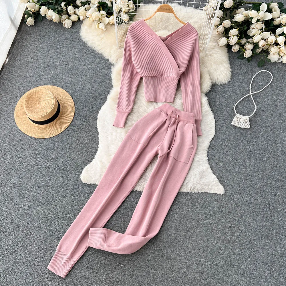 

Two Piece Set Women's Sweatsuit Long Sleeve Knitwear Top High Waist Strap Casual Long Pants Ladies Tracksuit For Women Bodycon