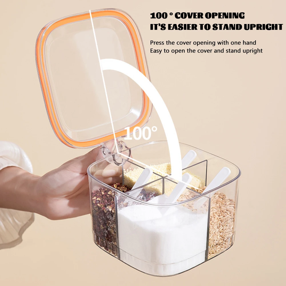 

4-Grid Seasoning Box With Spoon Dustproof Moisture-proof Seasoning Bottle Kitchen Accessories