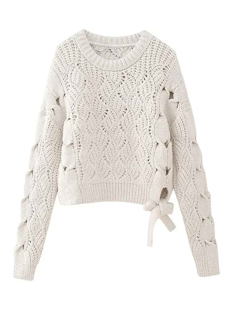 

White Hollow Out Crochet Pullover Sweaters Women Winter O-neck Bow Sweety Warm Tops Female Long Sleeve Loose Knitted Sweater.