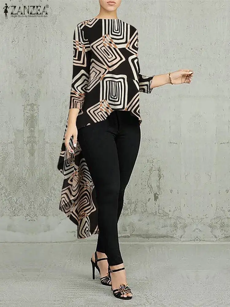 

Women Long Sleeve Asymmetrical Shirt ZANZEA Summer Bohemian Floral Printed Blouse Casual Holiday Long Tops Irregular Hem Blusas