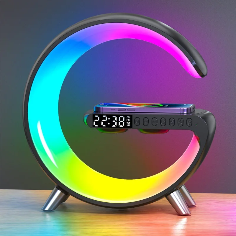 Smart RGB Atmosphere Desk Lamp 15W Fast Wireless Charger Station Alarm Clock Speaker Night Light for Iphone 12 13 14 Pro Samsung