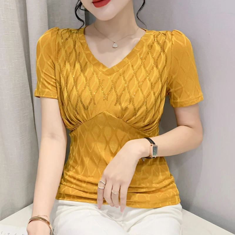 

Женская футболка с коротким рукавом, облегающая футболка с V-образным вырезом и бриллиантами, лето 2023