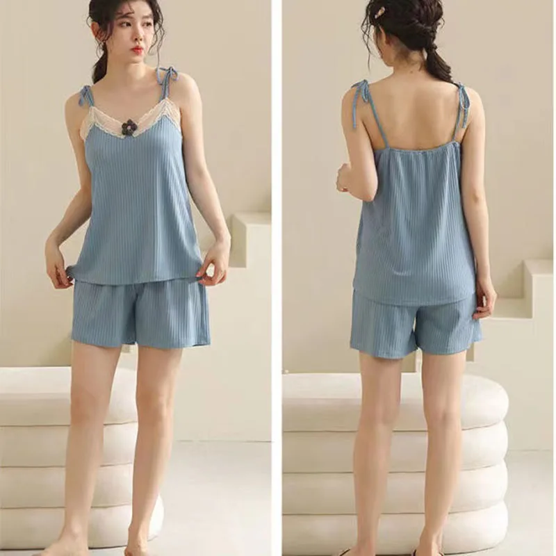 Modal Pajamas Women's Summer Suspenders Shorts Two-piece Lace Sexy Sleeveless Home Clothes Soft And Breathable