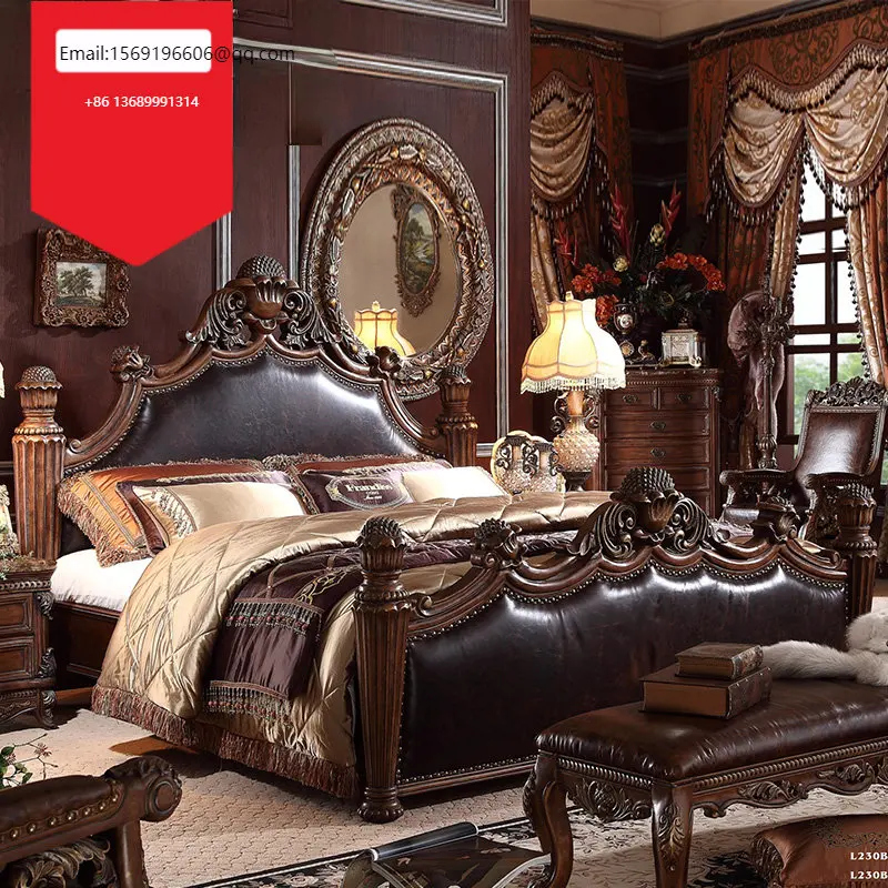

Американская кровать, двойная кровать из твердой древесины, кровать для хозяйской спальни, Резная Кровать для столбов, свадебная кровать, кожаная кровати в европейском стиле
