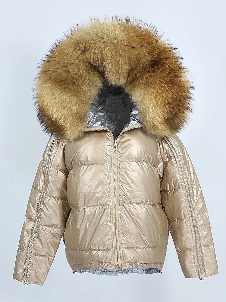 

2022 New Winter Jacket Women Real Fur Coat Natural Fox Fur Collar Loose Warm Short Down Coat Sliver White Duck Both Sides Wear