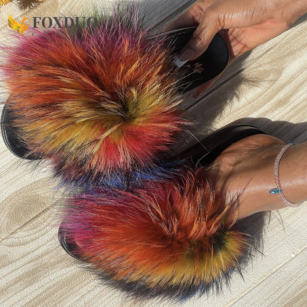 

Summer Women Fur Slides Fluffy Fox Fur Slippers Soft Flat Home Slippers Raccoon Shoes Indoor Flip Flops Woman Furry Fur Sandals