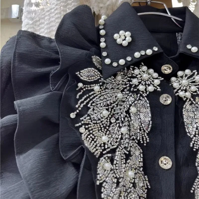 Женская блузка с длинным рукавом воротником лацканами и блестками