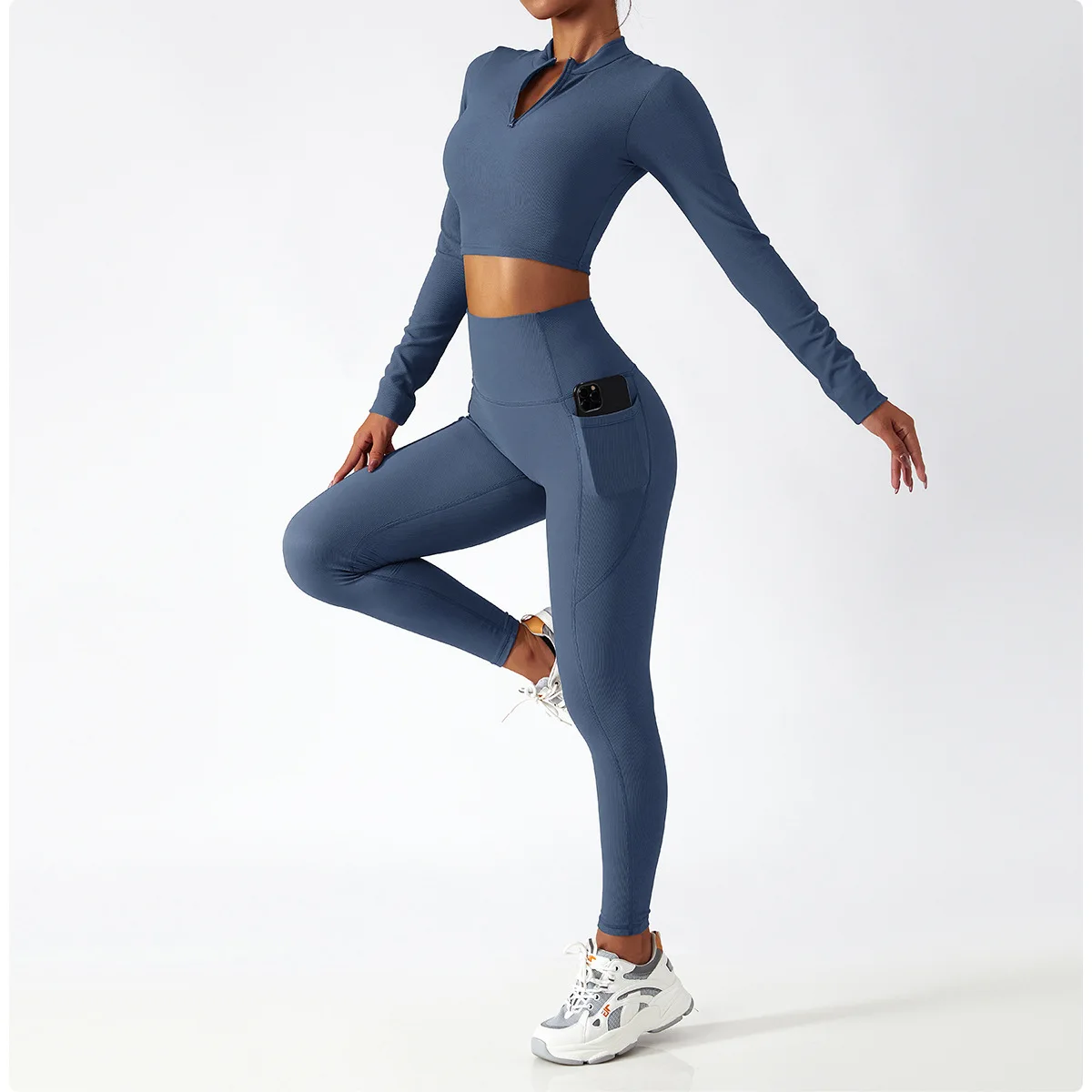 

Zipper Women Yoga Set Pants with Pocket Clothing Fitness Workout Gym Outfit Sportswear Ensemble Female 2PCS Tracksuit Leggings