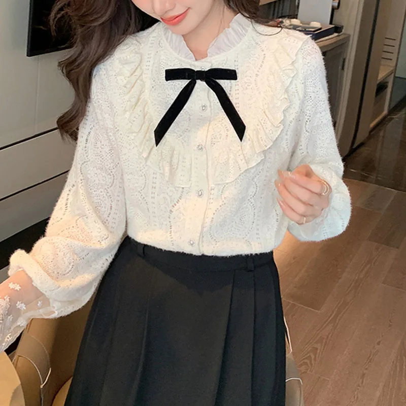 Новая женская рубашка с длинным рукавом и оборками кружевная бантом блузка
