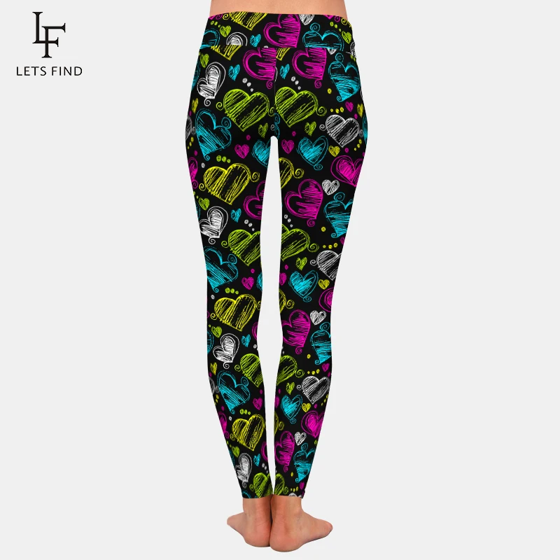 LETSFIND Fashion New Hand Drawn Hearts Design Women Pants High Waist  Fitness Soft and Slim Elastic Leggings