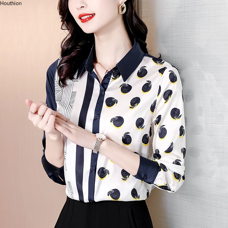 

Блузка женская с шелковым принтом, свободная рубашка-поло для девушек, Модный повседневный Топ с длинным рукавом, шифоновая Женская одежда, ...