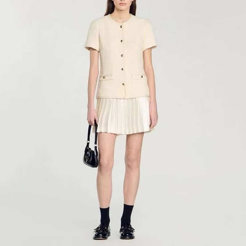 Женское твидовое плиссированное платье короткое из двух частей French Chambray Fake юбка