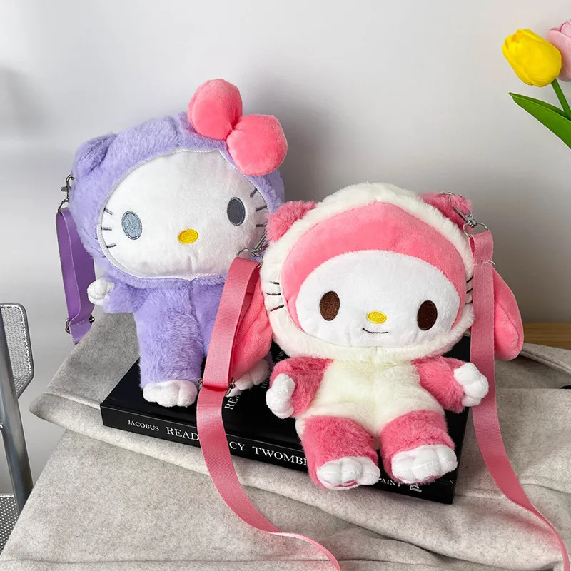Hello Kitty Sanrio Kt Cat Short Plush Soft Filled Cartoon Backpack Oblique Cross Bag Cosmetics Storage Zero Wallet Girl Gift