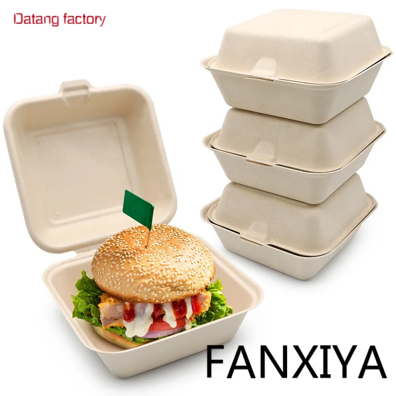 

Custom 6x6 Inch Take Away Lunch Packing Fast Food Container Biodegradable Clamshell Bagasse Hamburger Sugarcane Burger Box