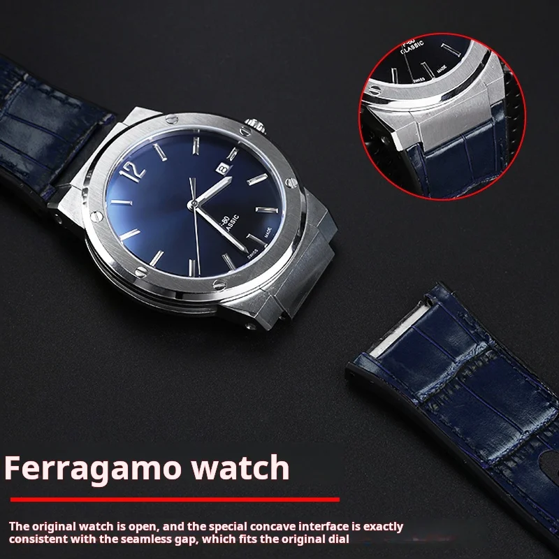 Фото Для Ferragamo F-80 ремешок на резиновой подошве из воловьей кожи F80, специальный вогнутый мужской ремешок для часов с складной пряжкой, 26 мм, черный, коричневый, синий браслет №3