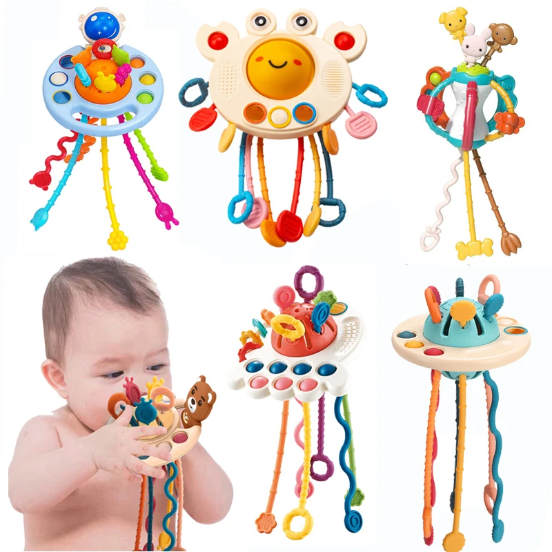 Montessori Pull Rope Toys Baby Silicone Pull String Teether Sensory Toys UFO Grip Training Motor Skill Educational Toys For Kids