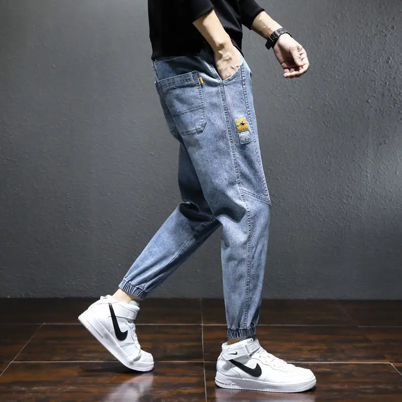 Streetwear Korean Jeans Men Jeans Summer Loose Pockets Stitching Jeans Men Lace-up Mid-Waist Denim Pencil Pants Harem Pants