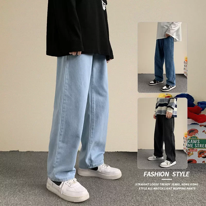 New in Hip Hop Loose Jeans 2022 Autumn New Streetwear Straight Baggy Wide Leg Pants Male Brand Trousers Light Blue jackets    go