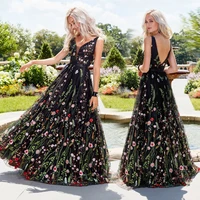 chic black embroidered evening dress sexy v neck a line flower pattern long prom dresses tulle backless dinner party wear gown