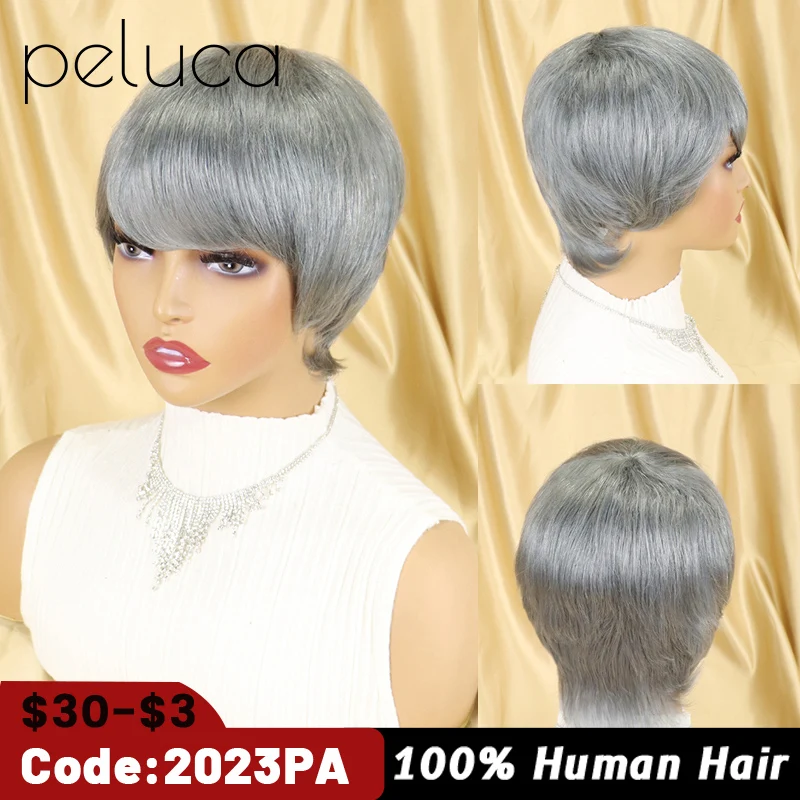 

Pixie Cut Wig Full Machine Made Wig with Bangs Glueless Short Bob Wigs for Black Women 150% Density Remy Brazilian Hair
