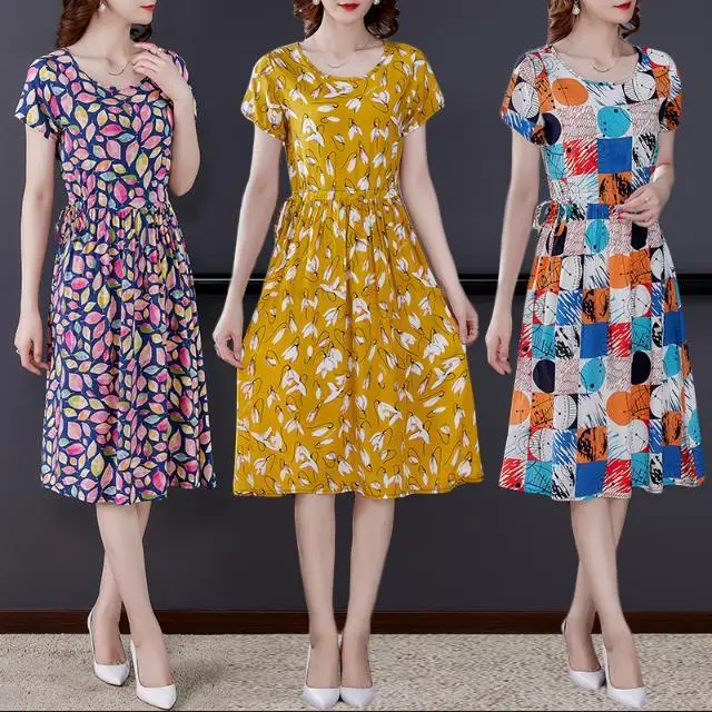 

Middle-Aged Elderly Nightgown Sleepwear Floral Skirt Home Dress Nightdress Cotton Silk Home Clothing Sleep Dress Home wear E01