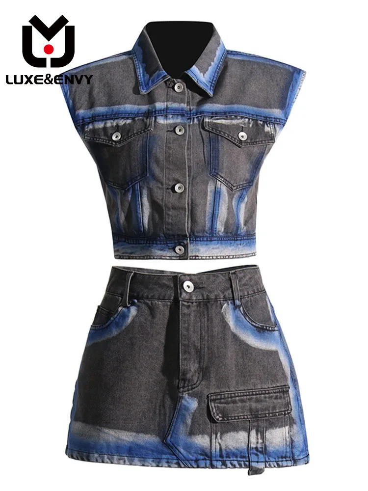 

Женский повседневный комплект из жилета и юбки с высокой талией, без рукавов и с карманами