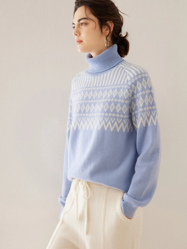 Новые женские пуловеры с высоким воротником жаккардовый кашемировый свитер