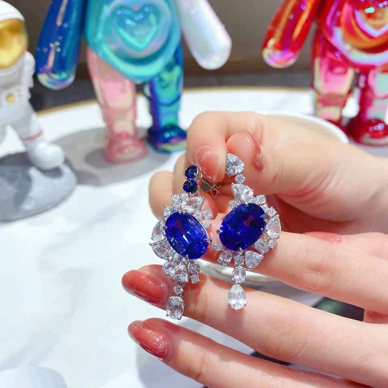 

Luxury Lab Sapphire Diamond Dangle Earring 925 sterling silver Wedding Drop Earrings for Women Bridal Promise Jewelry Gift