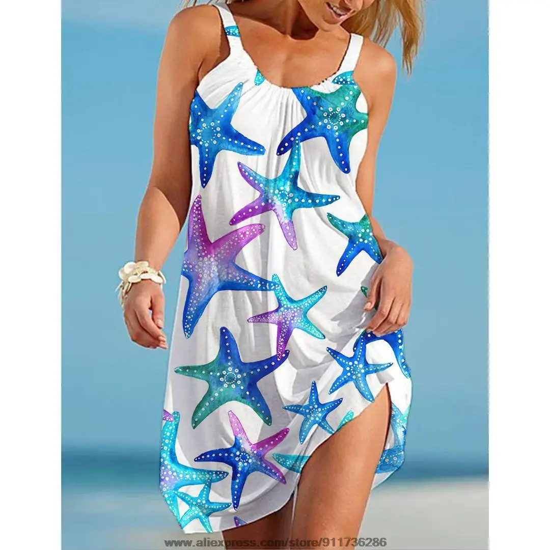 

2022 New Summer Halter Robe Sexy Women's Dress Short Beach Skinny Starfish Printing Mini Dress Sleeveless Floral