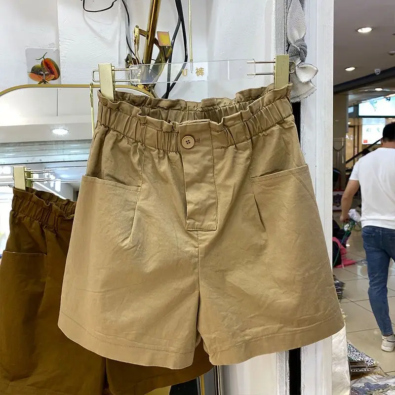 

Khaki Casual Summer Wide Leg Shorts Pants Womens 2023 Loose High Waist Female Cargo Style Pockets Knee Length Trousers
