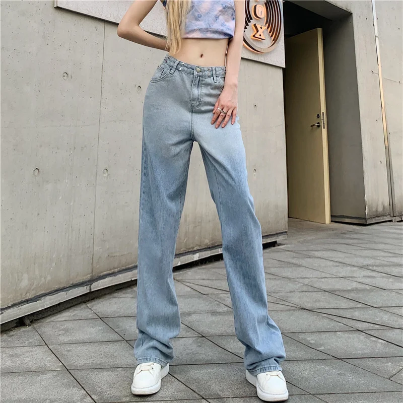 Women Summer New Casual Loose Denim Pants 2023 Low Waist Mom Fit Straight Wide Leg Jeans Gradient Light Blue Baggy Jean Female