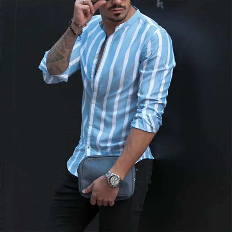 2022 New Cotton Hot Sale Men's Long Sleeve Shirts Summer Striped Stand Collar Casual Beach Style Men's Top Cardigan Blue