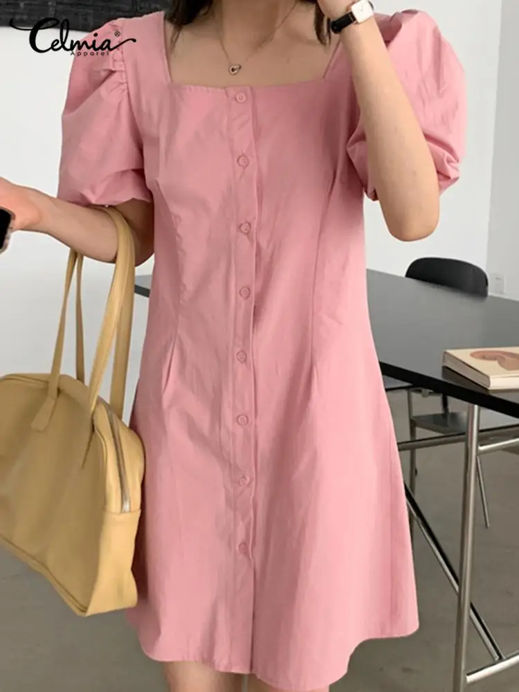 

Celmia Elegant Square Collar Mini Dress Women Single Breast Vestidos Fashion Puff Short Sleeve Sundress 2022 Summer Holiday Robe